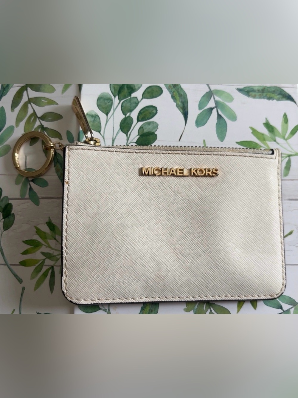 Michael Kors Cream Card Zip Wallet with Gold Logo